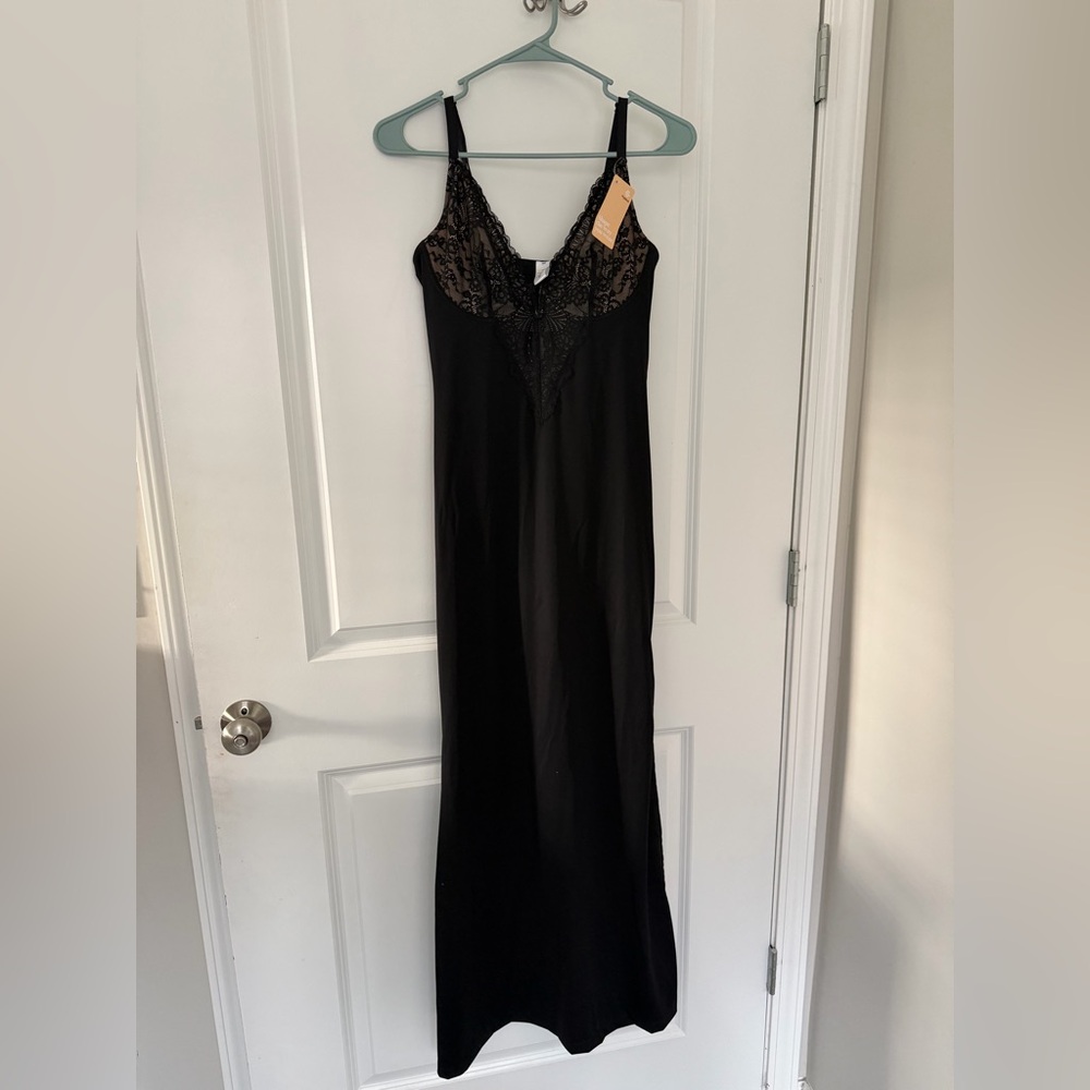 Popilush Shapewear Lace V Neck Side Slit Slimming Maxi Slip Dress